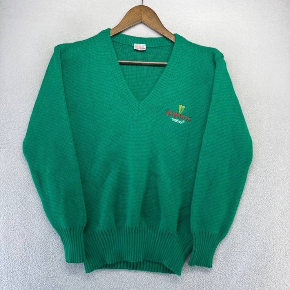 Vintage Guinness Sweater Mens 42 Small Green V-Neck Logo St Patricks Ireland 80s